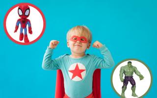 (Background) A boy dressed in a superhero costume ( Canva) (Circles) Toys from BargainMax. (BargainMax)