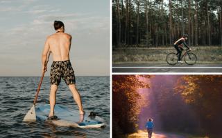 (Left) A person paddleboarding. (Top right) Someone riding a bike and (bottom right) someone running. Credit: Canva