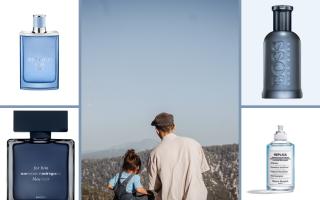 (Middle image) A father and daughter sitting together. (Canva) (Outside images) New fragrances for Him. (The Perfume Shop)