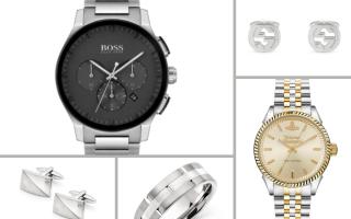 (Top left clockwise) BOSS Peak Chronograph Men's Watch,  Gucci Interlocking G Silver Cufflinks, Vivienne Westwood Seymour Steel and Gold Plated Men's Watch,  Men's Two Tone Brushed Titanium Ring Stainless Steel Cubic Zirconia Cufflinks.(Beaverbrooks)