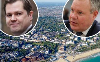 Conor Burns, inset right, brought up the use of hotels in Bournemouth for asylum seekers during a statement by immigration minister Robert Jenrick, inset left, in the House of Commons