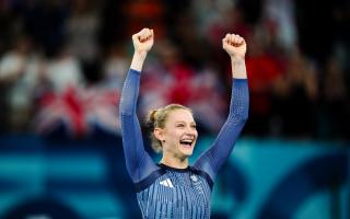 Great Britain's Bryony Page celebrates winning a gold medal following the trampoline gymnastics, women's final, at the Bercy Arena on the seventh day of the 2024 Paris Olympic Games in France. Picture date: Friday August 2, 2024. PA Photo. Photo credit