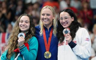 Neutral Paralympic Athletes' Viktoriia Ishchiulova holding her Silver medal, USA's Jessica Long holding her Gold medal and Great Britain's Alice Tai holding her Bronze medal won in Women's 100m Butterfly S8 Final at the Paris La Defense Arena on day Ten.