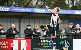 Matty Burrows celebrates his goal for Wimborne against Chertsey.