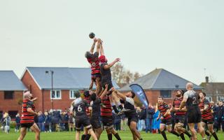 Line out action in front of a bumper crowd during the Wimborne 7 Bournemouth 13 match played at Leigh Park, Wimborne on Saturday 30 November 2024.  Photo taken by Simon Carlton