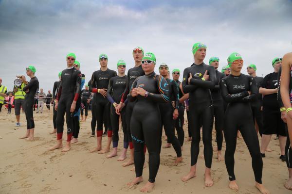 Swimmers taking part in the Poole Open Water swim  off  Sandbanks beach.