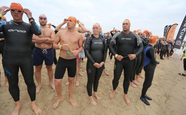 Swimmers taking part in the Poole Open Water swim  off  Sandbanks beach.