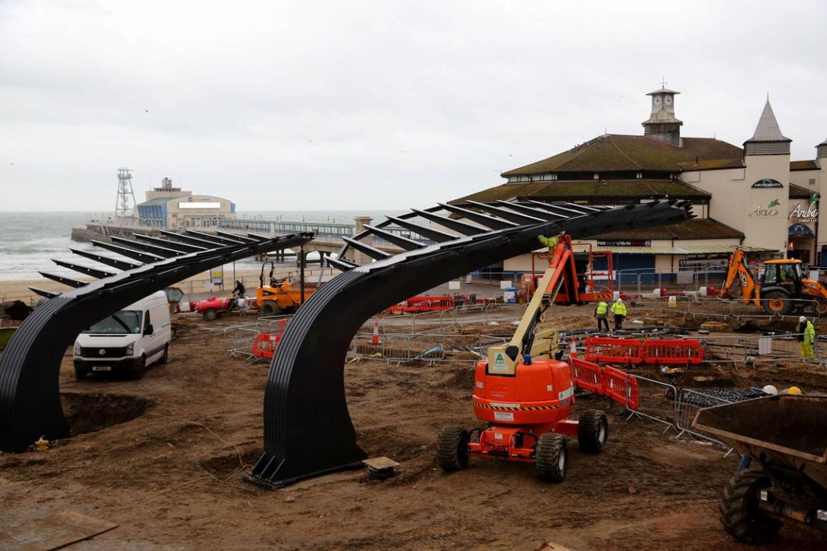 Work being carried out on the new seafront and tourism information kiosk and water play features between November 2014 and April 2015. 