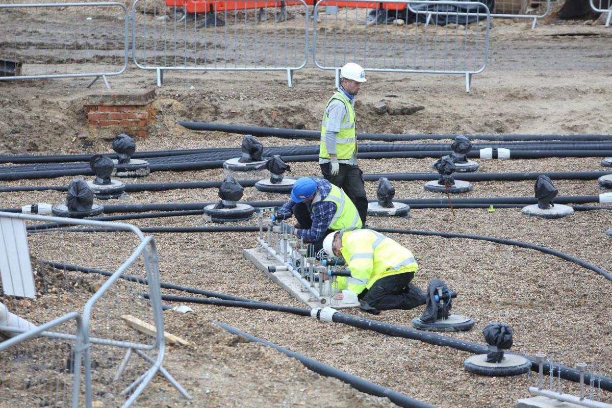 Work being carried out on the new seafront and tourism information kiosk and water play features between November 2014 and April 2015. 