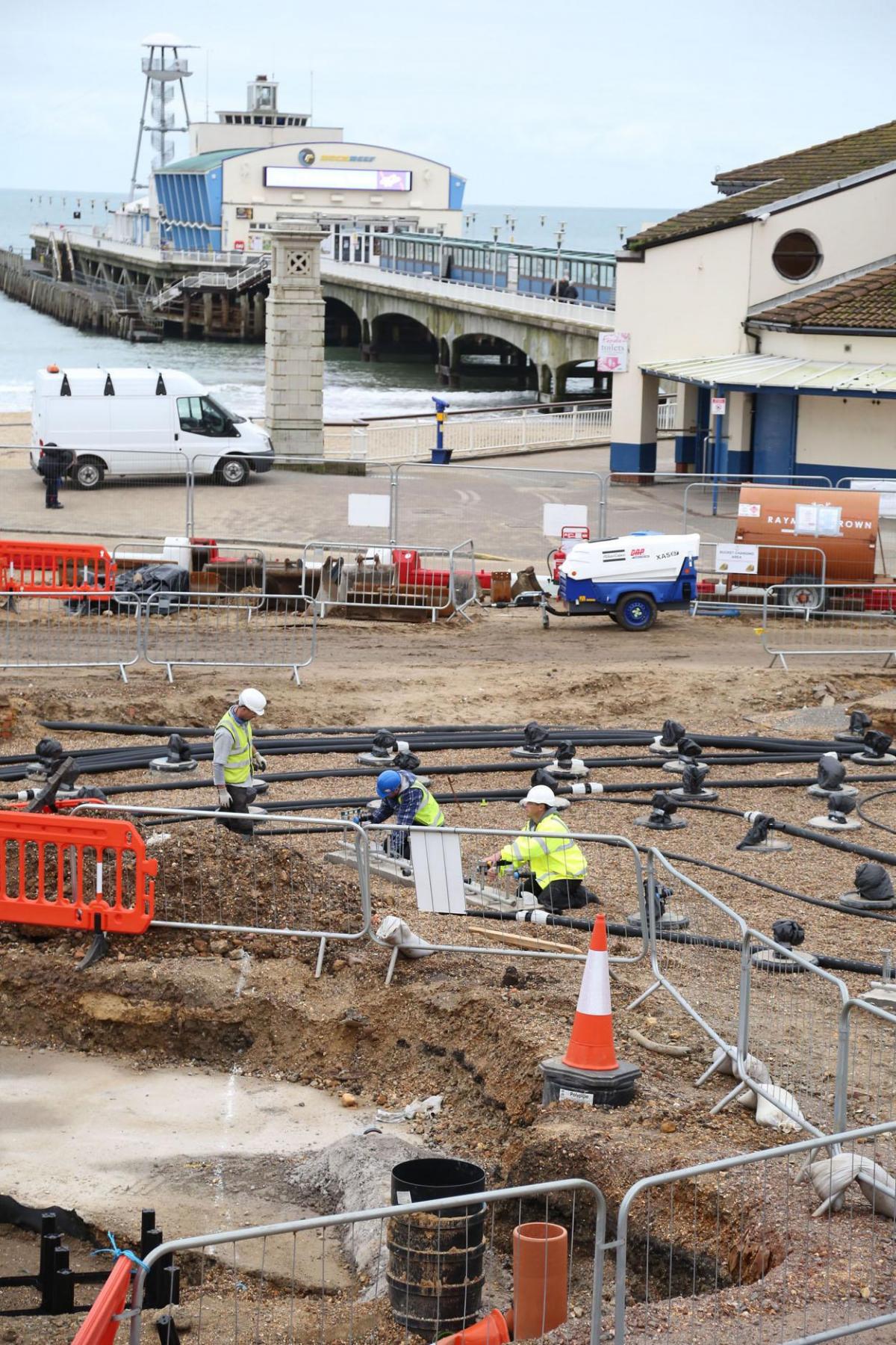 Work being carried out on the new seafront and tourism information kiosk and water play features between November 2014 and April 2015. 