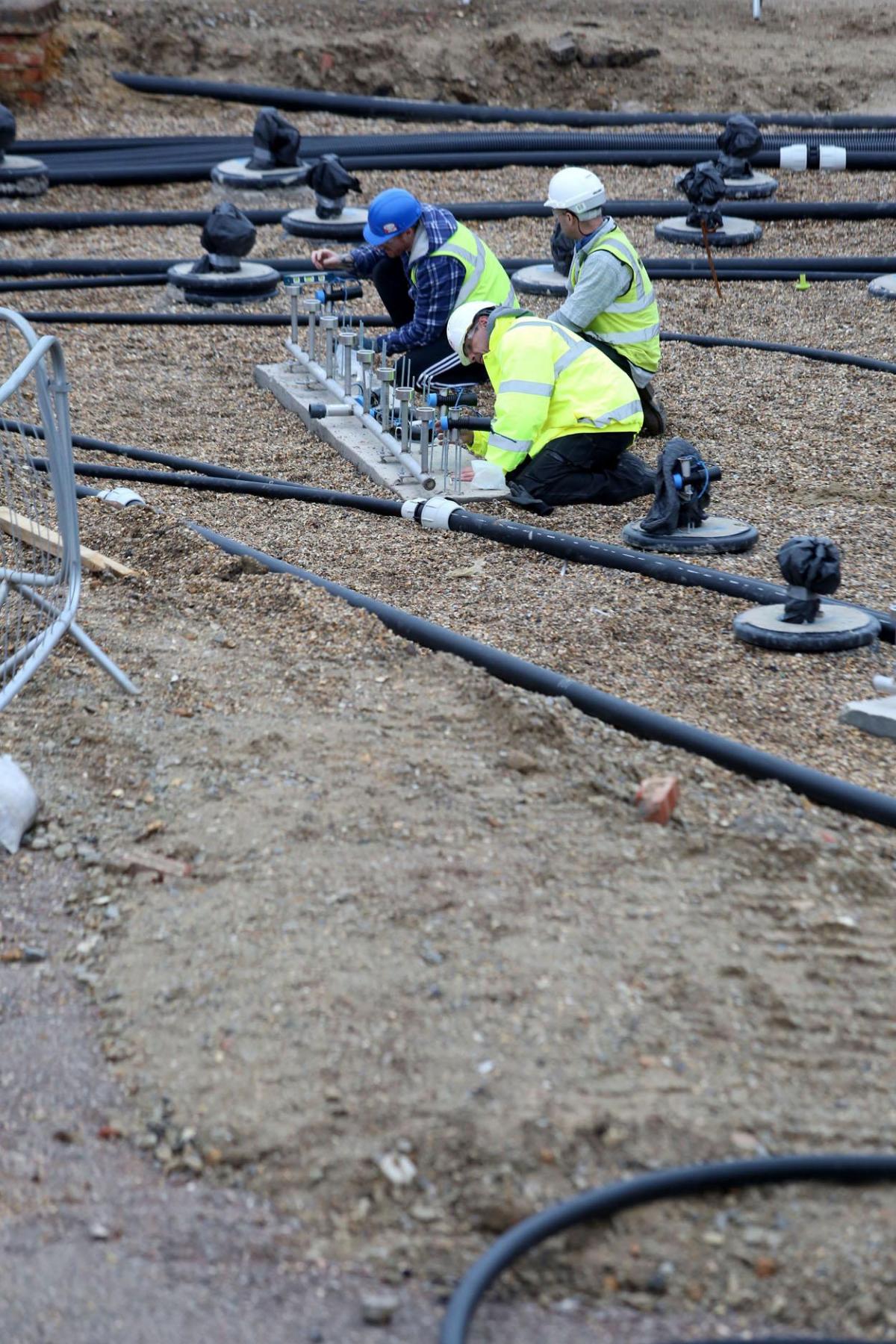 Work being carried out on the new seafront and tourism information kiosk and water play features between November 2014 and April 2015. 