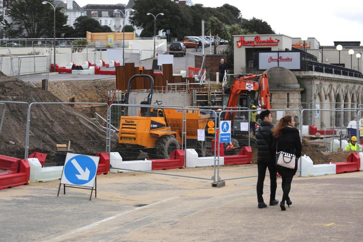 Work being carried out on the new seafront and tourism information kiosk and water play features between November 2014 and April 2015. 