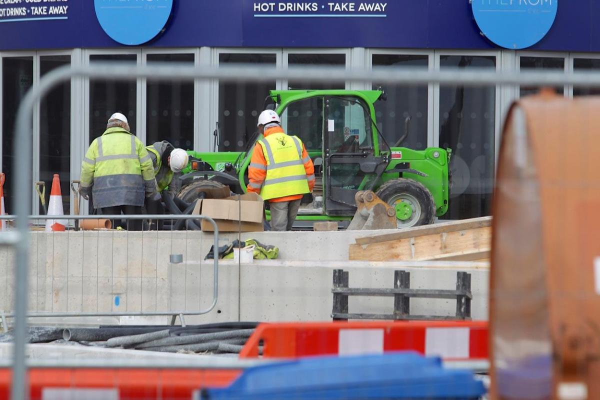 Work being carried out on the new seafront and tourism information kiosk and water play features between November 2014 and April 2015. 