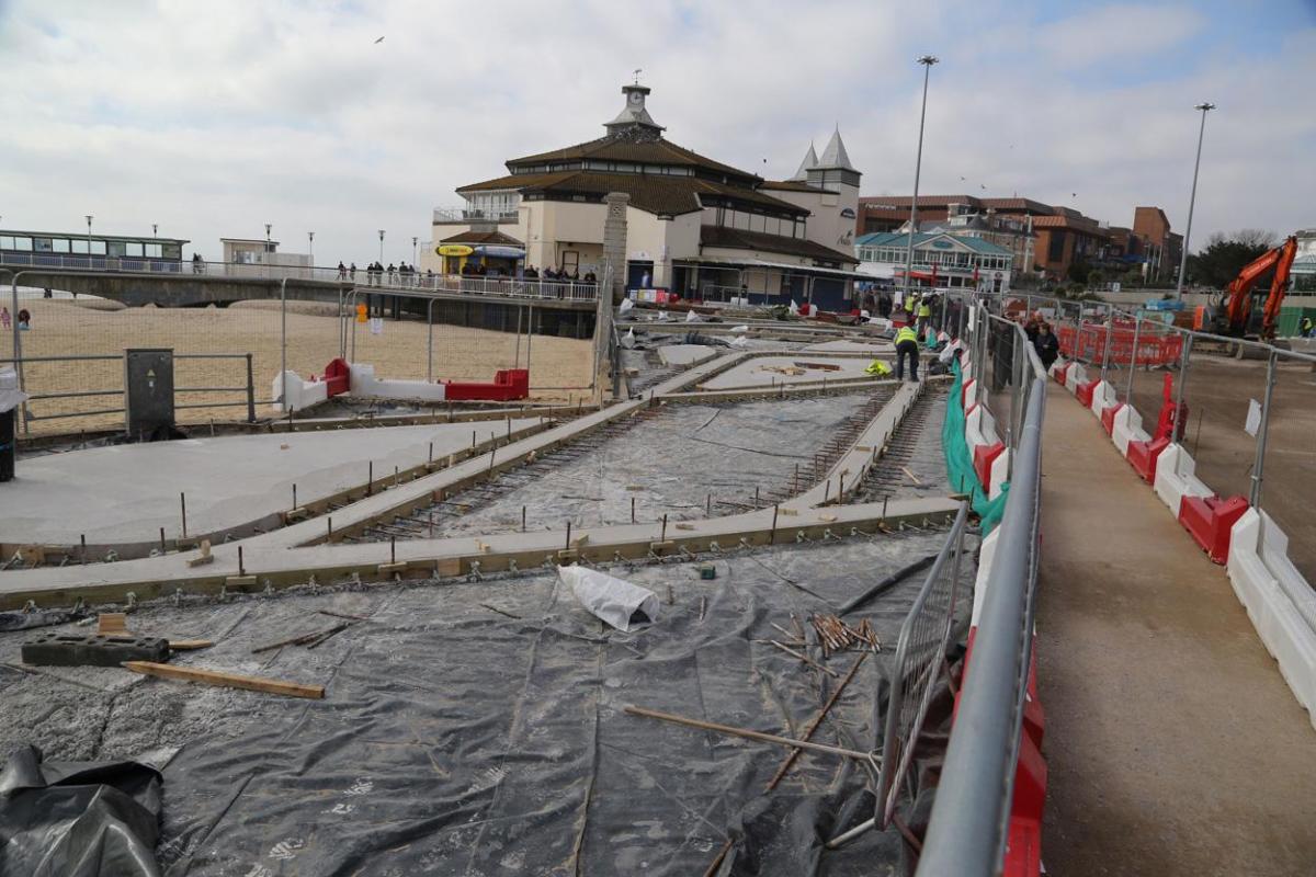 Work being carried out on the new seafront and tourism information kiosk and water play features between November 2014 and April 2015. 