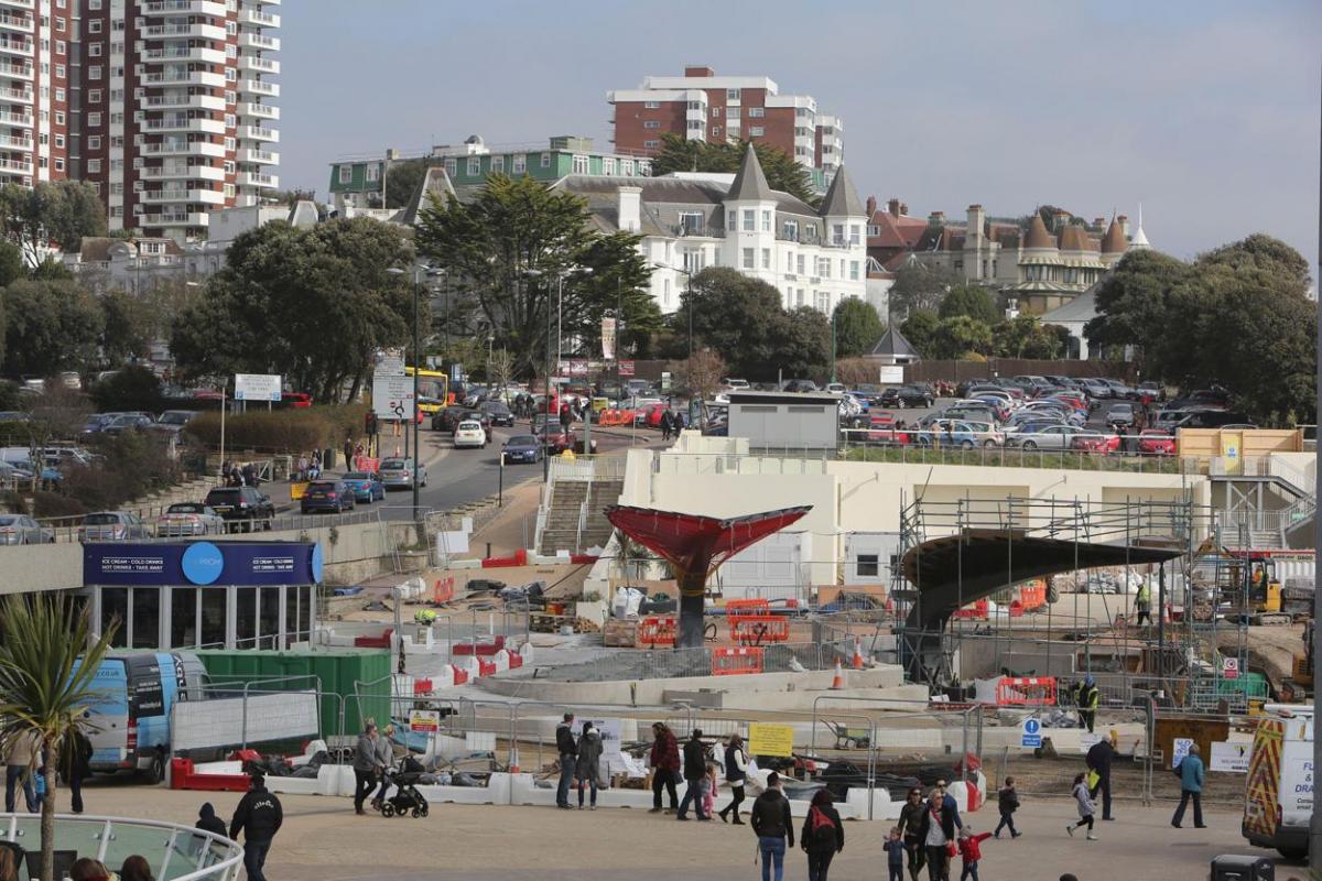 Work being carried out on the new seafront and tourism information kiosk and water play features between November 2014 and April 2015. 