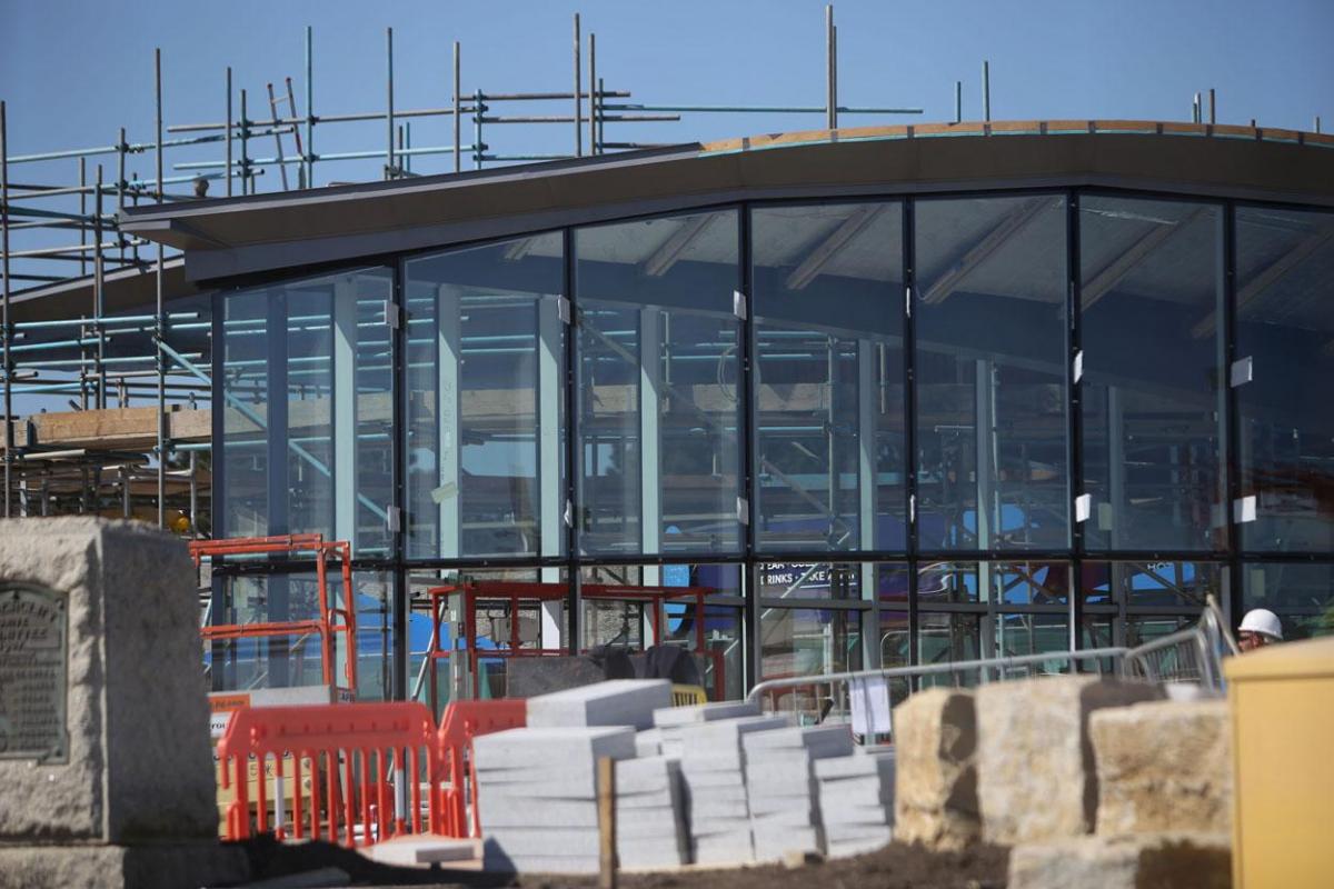 Work being carried out on the new seafront and tourism information kiosk and water play features between November 2014 and April 2015. 