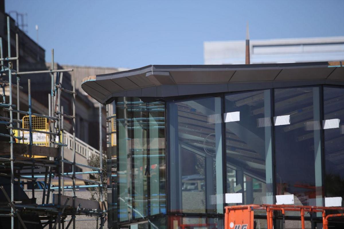 Work being carried out on the new seafront and tourism information kiosk and water play features between November 2014 and April 2015. 