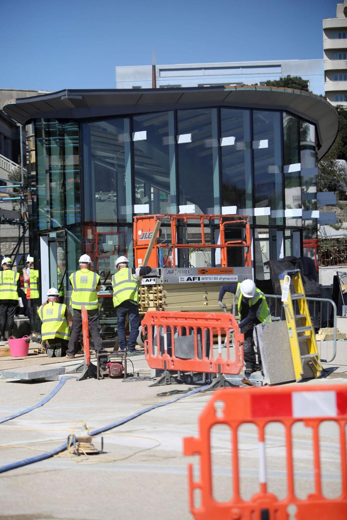 Work being carried out on the new seafront and tourism information kiosk and water play features between November 2014 and April 2015. 