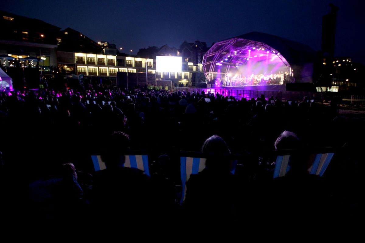 The HM Royal Marine's Band Collingwood perform at Boscombe Pier as part of the Night Air for Bournemouth Air Festival. 
