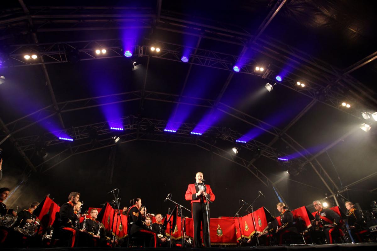 The HM Royal Marine's Band Collingwood perform at Boscombe Pier as part of the Night Air for Bournemouth Air Festival. 
