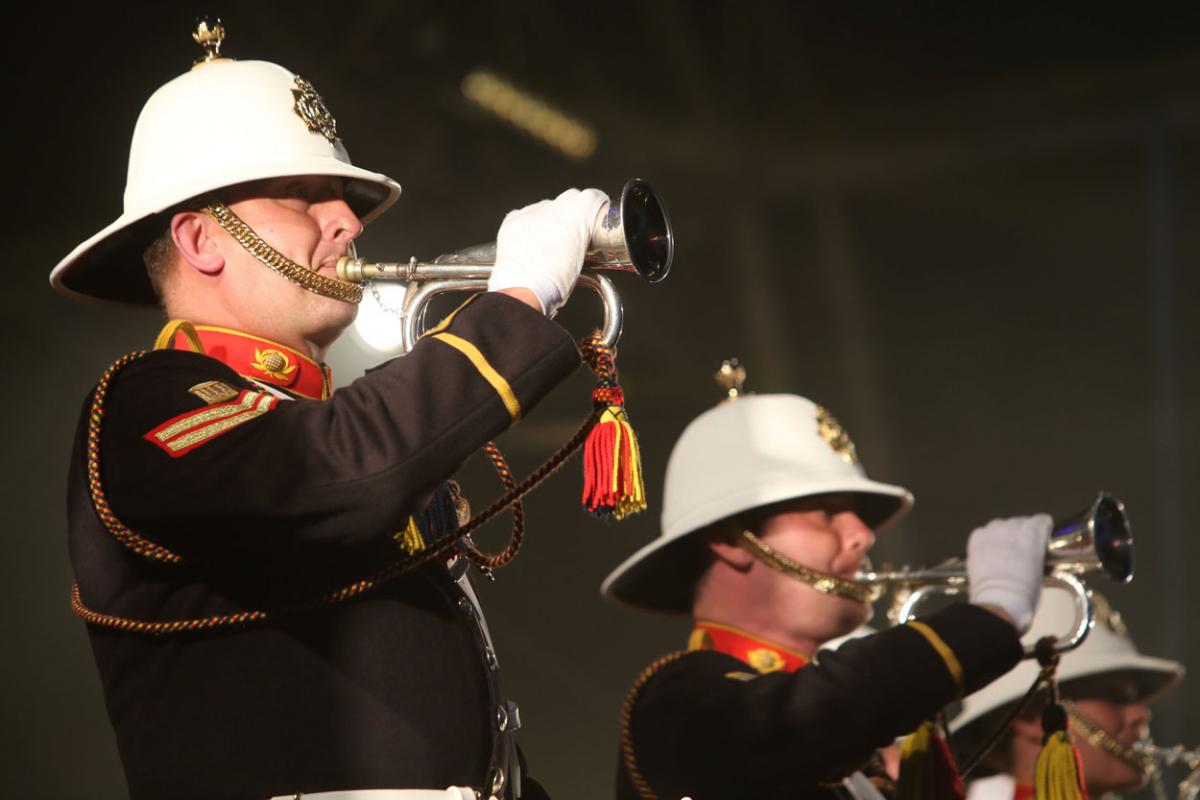 The HM Royal Marine's Band Collingwood perform at Boscombe Pier as part of the Night Air for Bournemouth Air Festival. 
