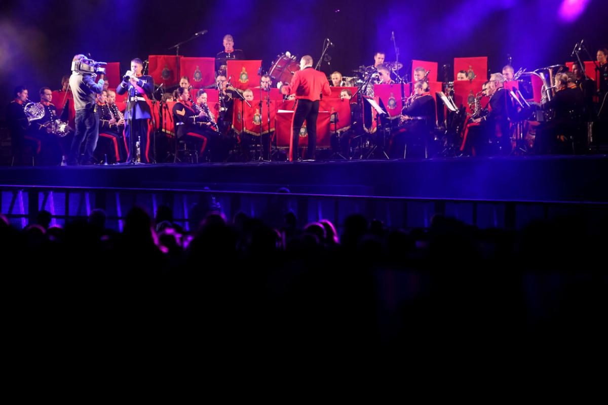 The HM Royal Marine's Band Collingwood perform at Boscombe Pier as part of the Night Air for Bournemouth Air Festival. 
